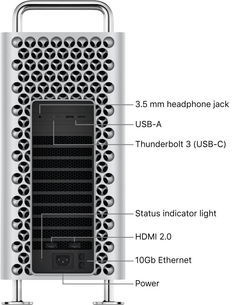 Šoninė „Mac Pro“ pusė, matosi 3,5 mm ausinių lizdas, du USB-A prievadai, du „Thunderbolt 3“ (USB-C) prievadai, būsenos indikatoriaus lemputė, du HDMI 2.0 prievadai, du 10 gigabitų eterneto prievadai ir maitinimo prievadas.