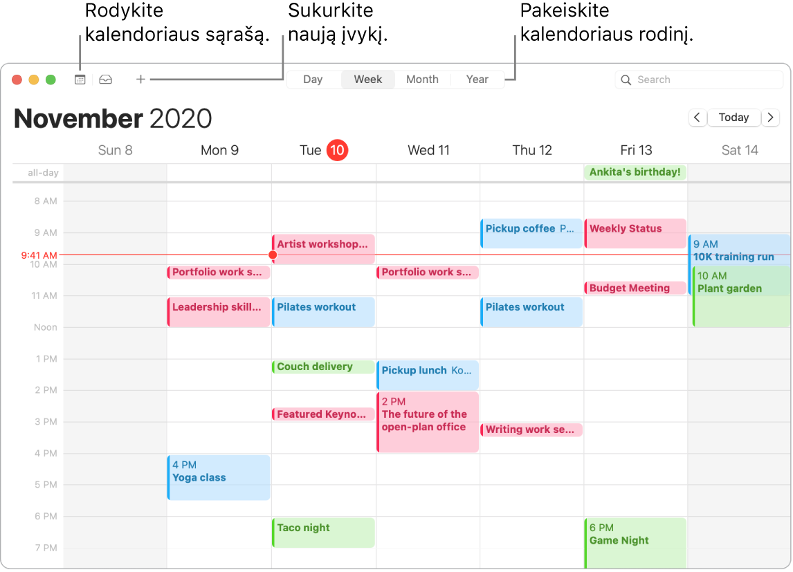 „Calendar“ langas, rodantis, kaip sukurti įvykį, rodyti kalendorių sąrašą ir pasirinkti rodinį „Day“, „Week“, „Month“ arba „Year“.