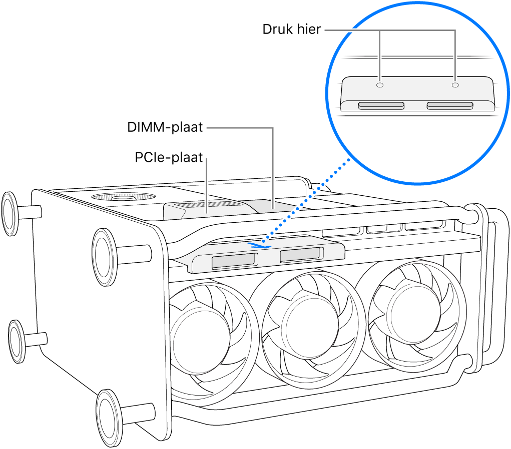 Een Mac Pro op zijn kant, waarbij de DIMM-plaat, PCIe-plaat en SSD-afdekking worden aangegeven.