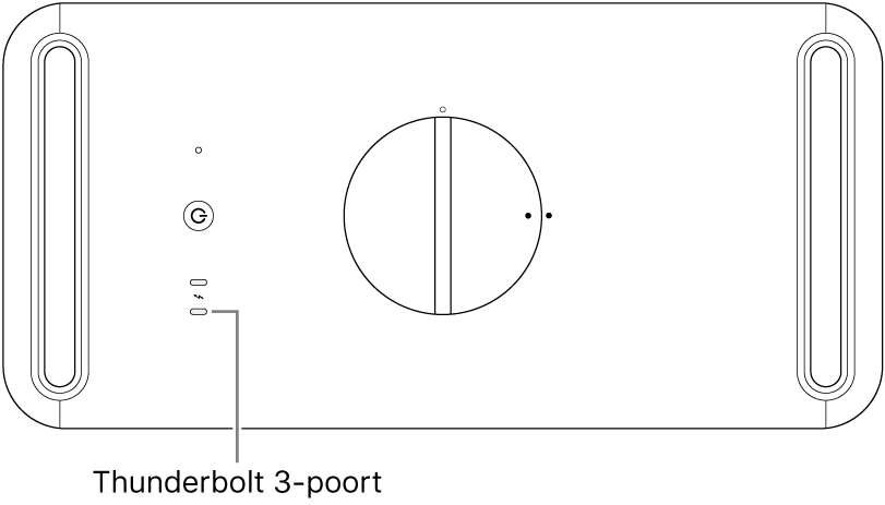 De bovenkant van de Mac Pro, waarbij wordt aangegeven welke Thunderbolt-3-poort moet worden gebruikt.