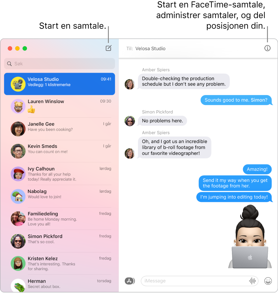 Et Meldinger-vindu som viser hvordan du starter en samtale og hvordan du starter et FaceTime-anrop.