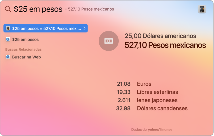 Captura de tela mostrando dólares convertidos para pesos, com a primeira linha mostrando a conversão e vários outros resultados selecionáveis.