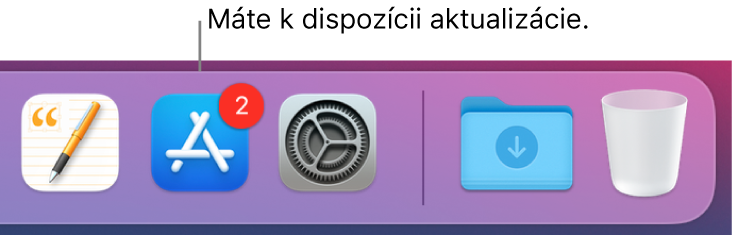 Časť Docku so zobrazenou ikonou App Store s odznakom, ktorý označuje, že sú k dispozícii aktualizácie.