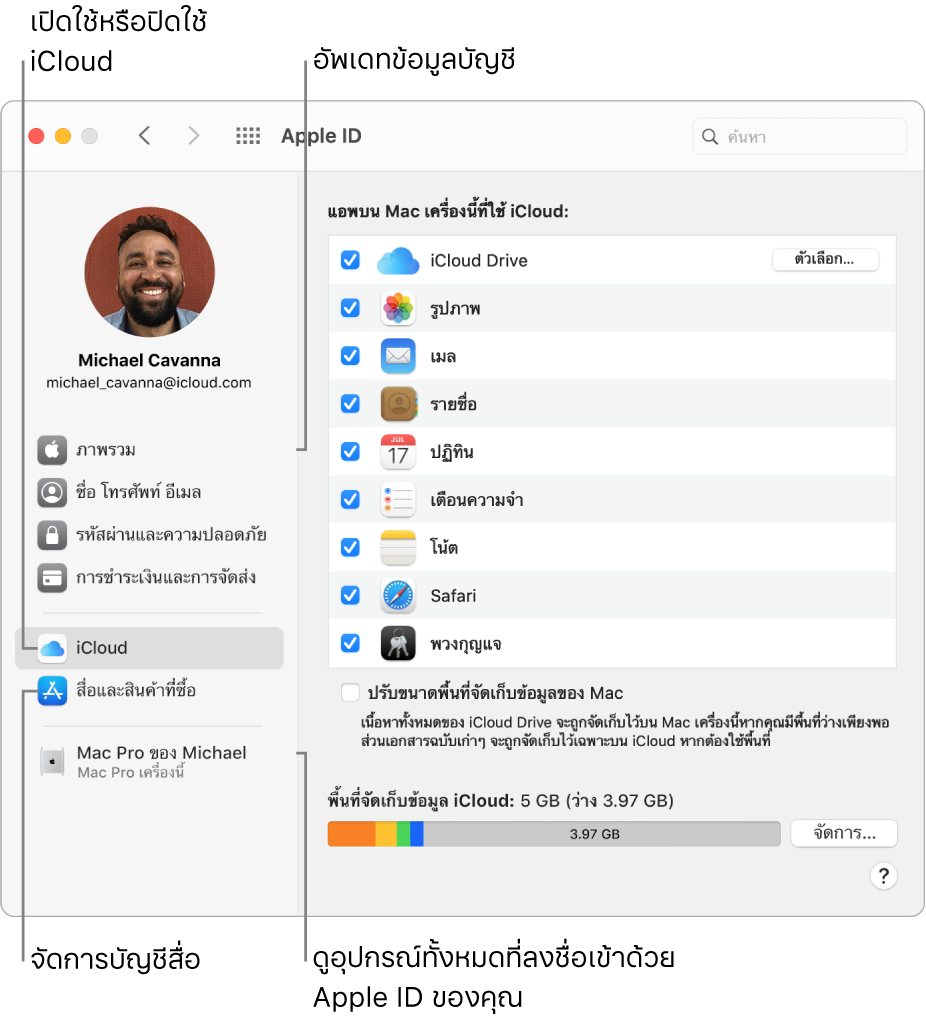 บานหน้าต่าง Apple ID ในการตั้งค่าระบบ คลิกที่รายการในแถบด้านข้างเพื่ออัพเดทข้อมูลบัญชีของคุณ, เปิดใช้หรือปิดใช้ iCloud, จัดการบัญชีสื่อ และดูอุปกรณ์ทุกเครื่องที่ลงชื่อเข้าด้วย Apple ID ของคุณ