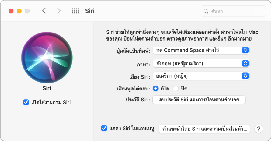 หน้าต่างการตั้งค่า Siri ที่มีกล่องกาเครื่องหมายเปิดใช้งานถาม Siri ถูกเลือกอยู่ด้านซ้าย และตัวเลือกต่างๆ สำหรับปรับแต่ง Siri ด้วยตัวเองอยู่ด้านขวา