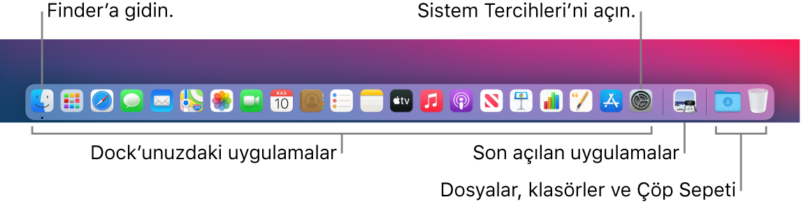 Finder, Sistem Tercihleri ve Dock’ta uygulamaları dosya ve klasörlerden ayıran çizgiyi gösteren Dock.