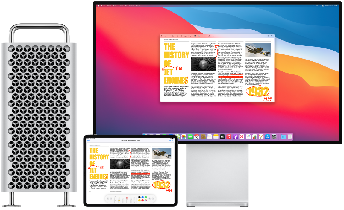 Yan yana bir Mac Pro ve bir iPad. Her iki ekran da üzeri çizilmiş cümleler, oklar ve eklenmiş sözcükler gibi karalanmış kırmızı düzeltmelerle kaplı bir makale görüntülüyor. iPad ekranının en altında da işaretleme denetimleri var.