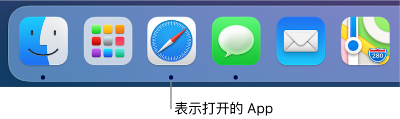 程序坞的一部分，显示打开的 App 下面的黑色圆点。