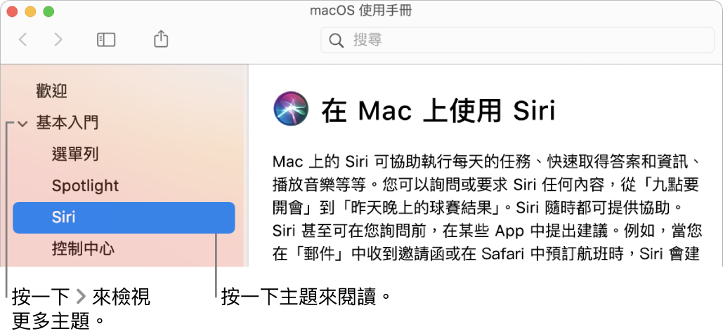 輔助說明檢視程式，顯示如何檢視側邊欄列出的主題以及如何顯示主題的內容。