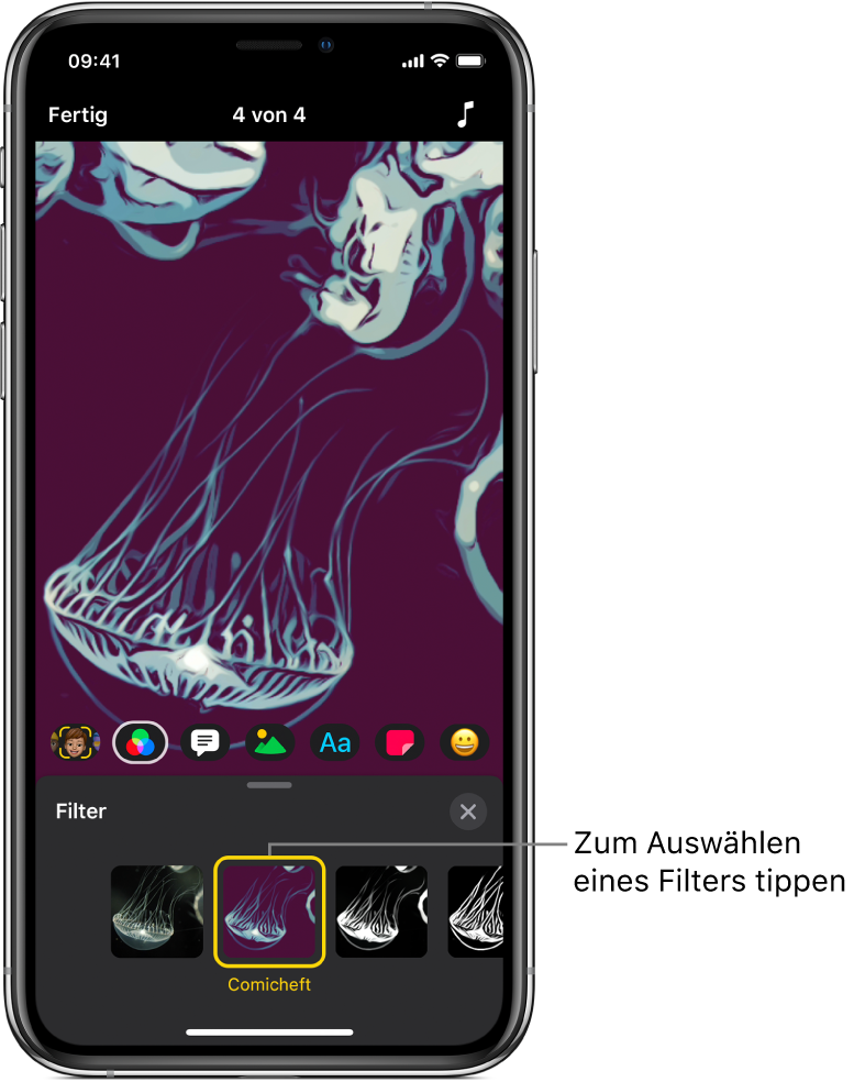 Ein Filter wird im Viewer auf den Clip angewendet und darunter ist der Filter „Comic-Heft“ ausgewählt.
