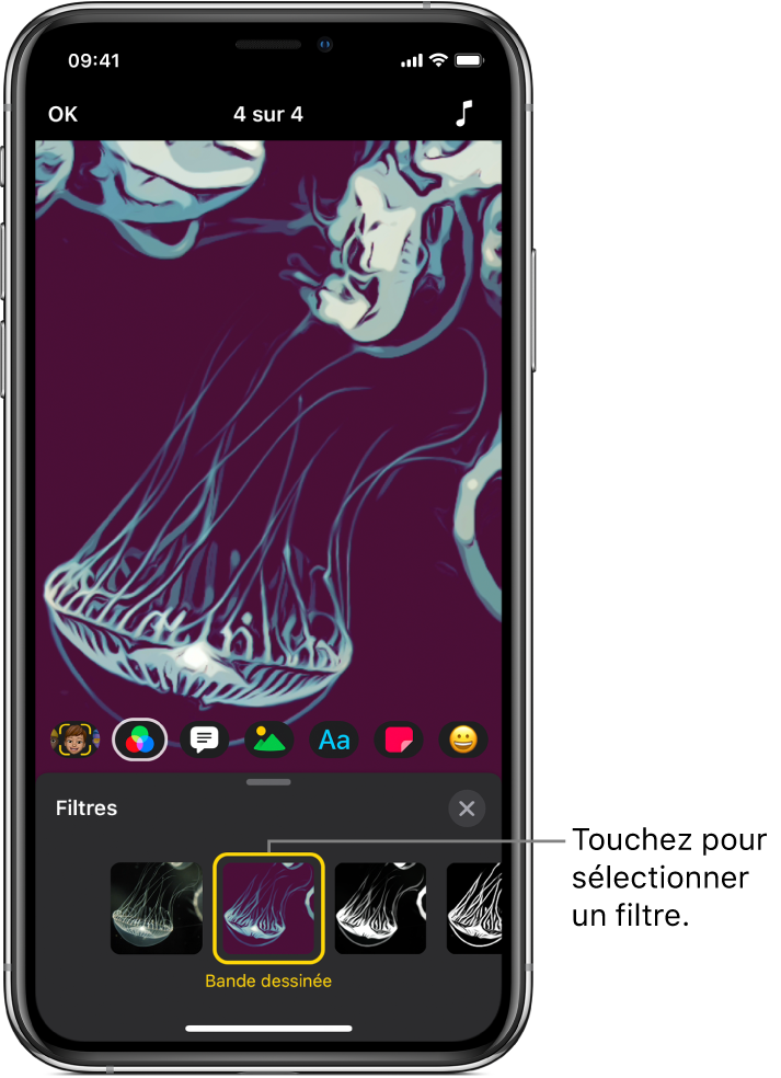 Visualiseur affichant un filtre appliqué au clip ainsi que le filtre « Bande dessinée » sélectionné en dessous.
