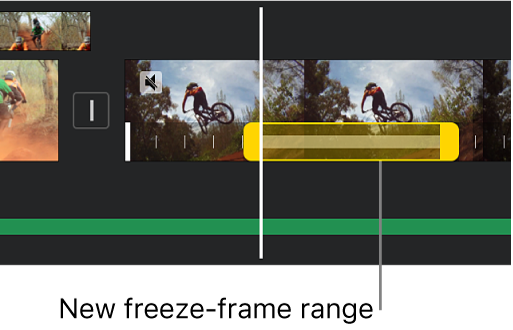 A freeze frame with yellow range handles shown at the bottom of a video clip in the timeline, with the freeze frame beginning at the playhead position.