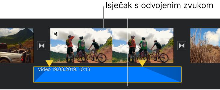 Videoisječak na vremenskoj liniji s plavim odvojenim zvučnim isječkom ispod.