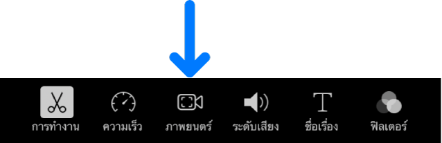 ปุ่มภาพยนตร์ที่แสดงในตัวควบคุมการแก้ไขที่ด้านล่างสุดของหน้าจอเมื่อคุณเพิ่มคลิปแบบภาพยนตร์