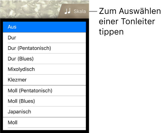 Taste „Skala“ und Tonskalenliste für den Bass