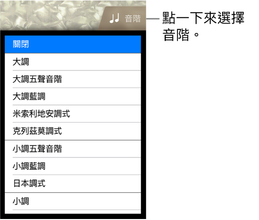 「貝斯音階」按鈕和「音階」列表