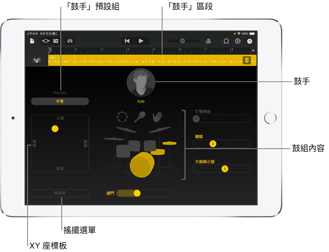 主要介面區域帶有說明的「鼓手」。