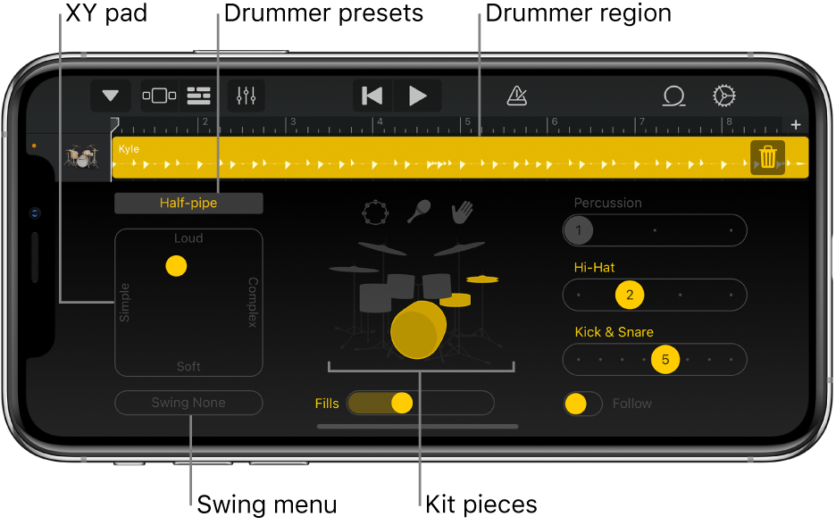 Drummer with major interface areas called out.