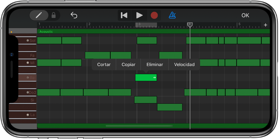 Editor con nota seleccionada