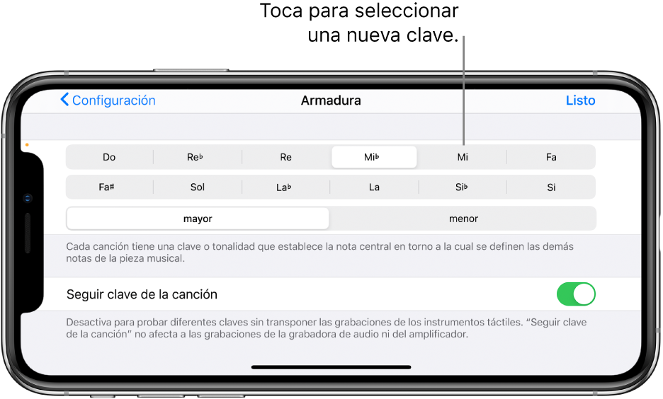 Controles de clave en la configuración de la canción