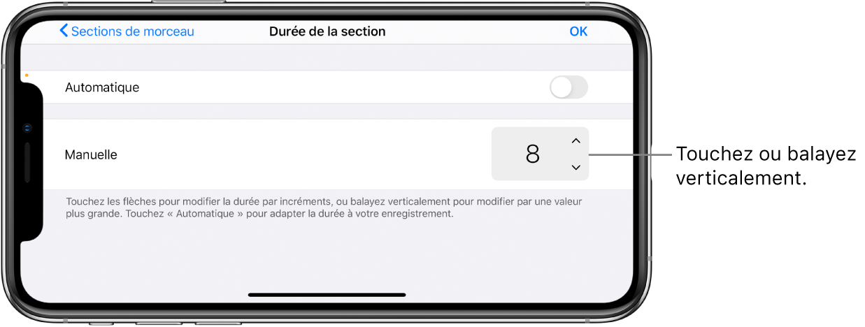 Commandes de modification de la durée d’une section de morceau