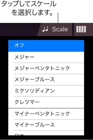 Stringsの「Scale」ボタンとスケールリスト