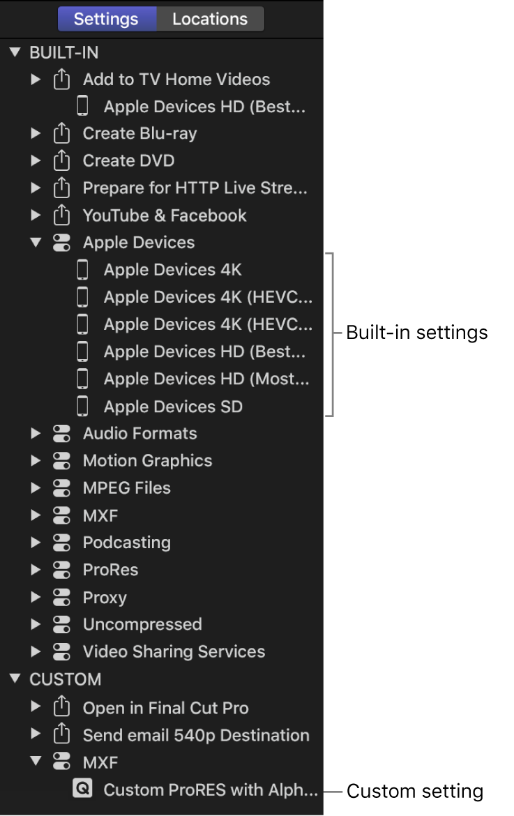 Panel Ajustes, donde se muestra una colección de ajustes integrados y personalizados.