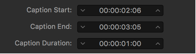 「クローズドキャプション」インスペクタまたは「字幕」インスペクタのキャプションのタイミングフィールド