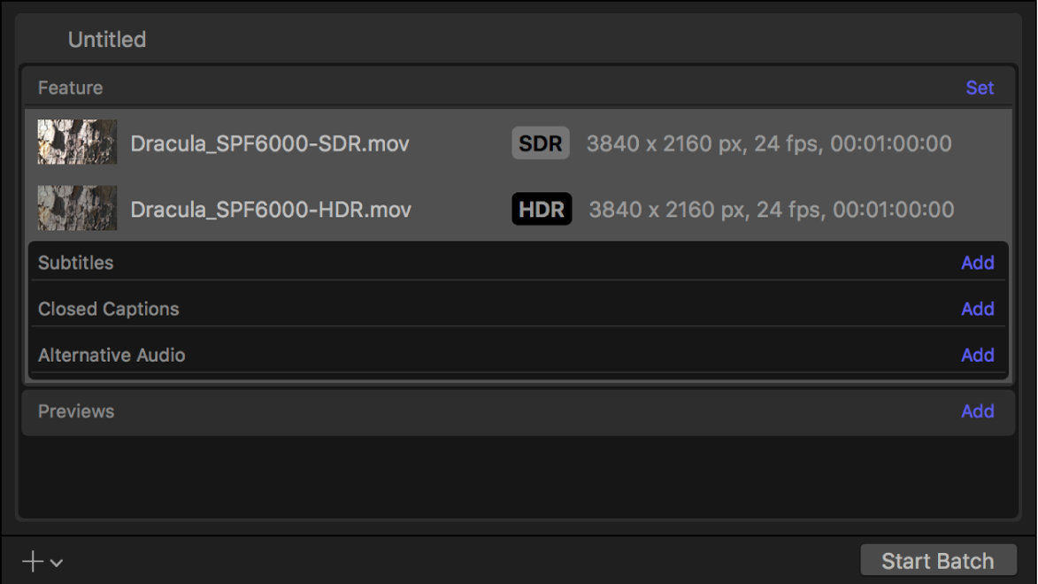 显示 SDR 视频和 HDR 视频的输出行的批处理区域。