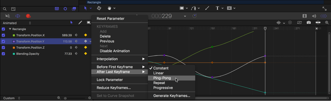 Keyframe-Editor mit Untermenü „Vor dem ersten Keyframe“ des Animationsmenüs