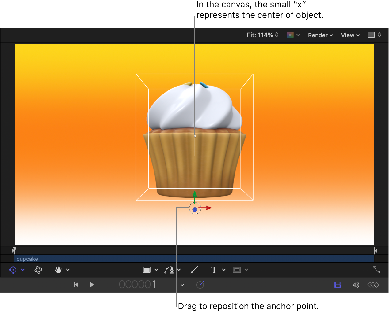 Canvas showing offset anchor point of 3D object, center point of the object, and Anchor Point onscreen controls