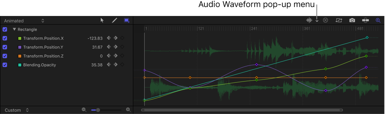 Menú desplegable “Onda de audio” en el editor de fotogramas clave