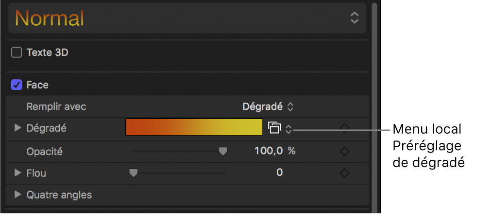 Menu local des dégradés prédéfinis qui s’affiche lorsque le menu local « Remplir avec » est réglé sur Dégradé