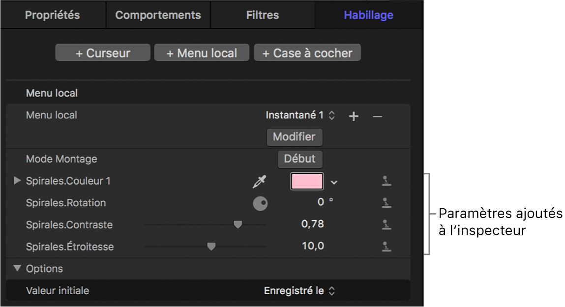 Paramètres ajoutés à l’inspecteur de widget