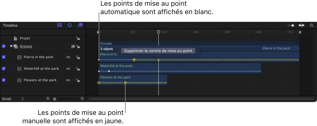 Plans vidéo en mode Cinématographique dans la timeline avec des centres de mise au point automatiques blancs et des centres de mise au point manuels jaunes