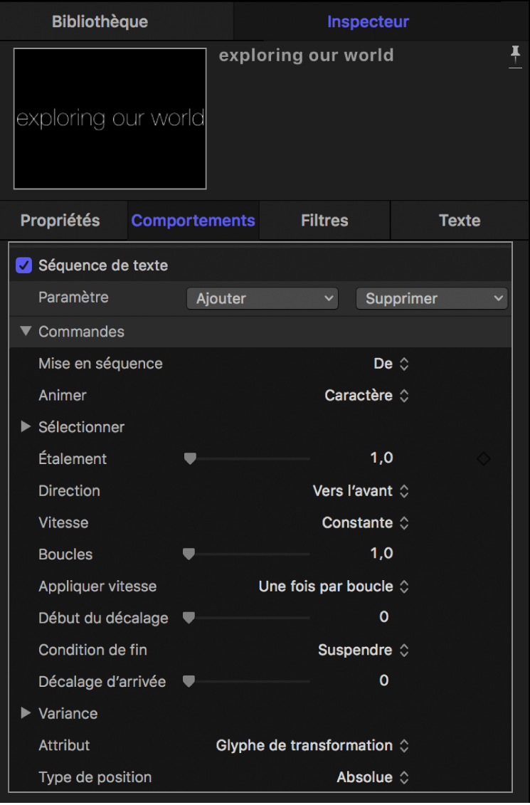 Inspecteur affichant les réglages du comportement Séquence de texte