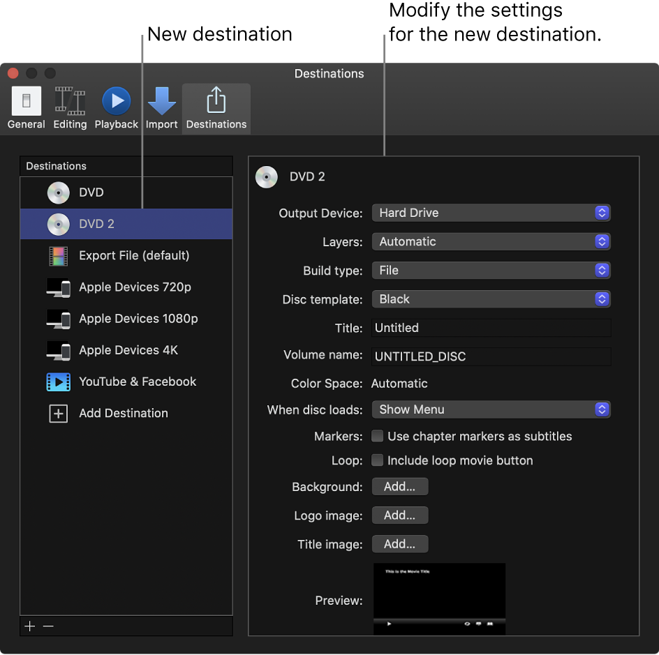 The Destinations pane of the Preferences window showing a duplicated DVD destination selected in the list on the left