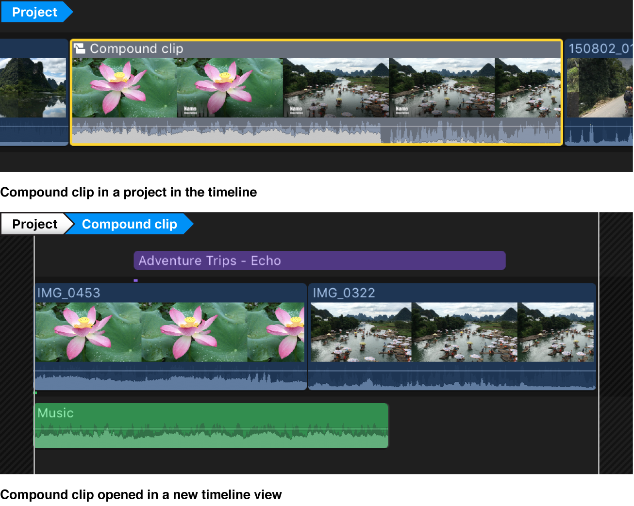 A compound clip before and after being opened in a new instance of the timeline