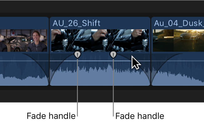 Fade handles on a clip in the timeline