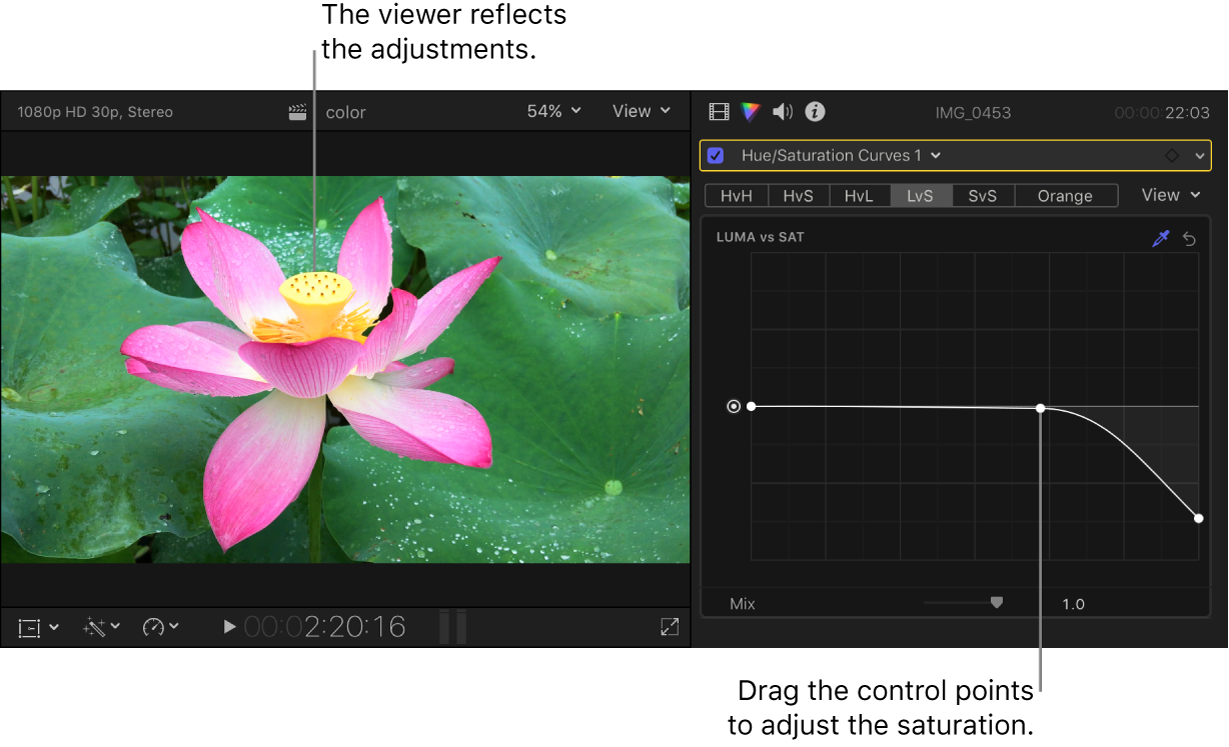 The viewer on the left showing the saturation change, and the Color inspector on the right showing adjusted control points on the Luma vs Sat curve