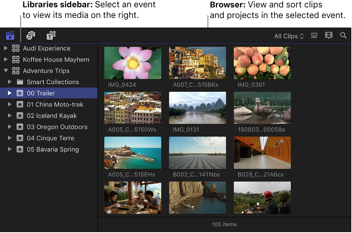 A selected event in the Libraries sidebar on the left, and the browser on the right displaying clips in the selected event