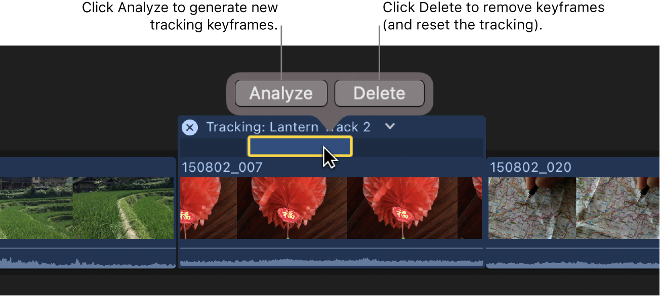 Fotogramas clave seleccionados en el editor de rastreo, con un botón Analizar y un botón Eliminar situados por encima de la selección