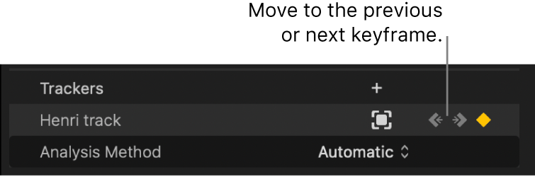 Los botones “Siguiente fotograma clave” y “Fotograma clave anterior” en la sección Rastreadores del inspector de vídeo