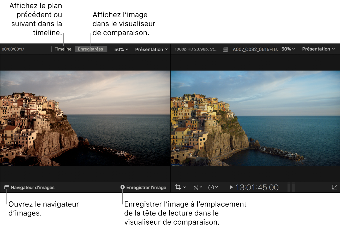 Visualiseur de comparaison affiché en mode Enregistrées à gauche du visualiseur, avec les boutons Timeline et Enregistrées en haut, le bouton Navigateur d’images dans la partie inférieure gauche et le bouton Enregistrer l’image en bas à droite