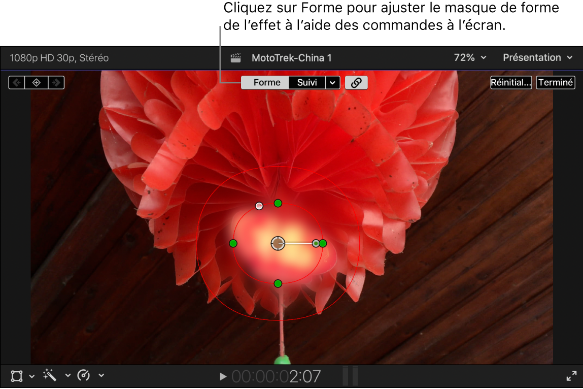 Forme sélectionnée en haut du visualiseur montrant les commandes à l’écran pour l’ajustement du masque de forme de l’effet