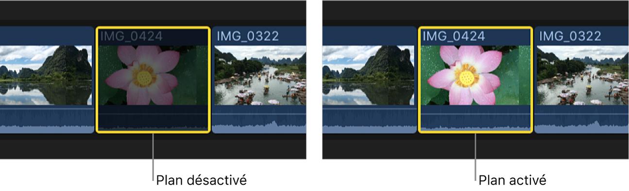 Le même plan désactivé et activé dans la timeline