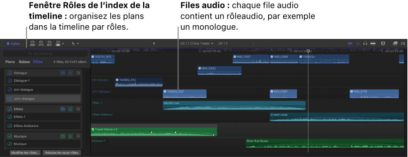 Timeline avec des voies audio et un rôle sélectionné dans l’index de la timeline