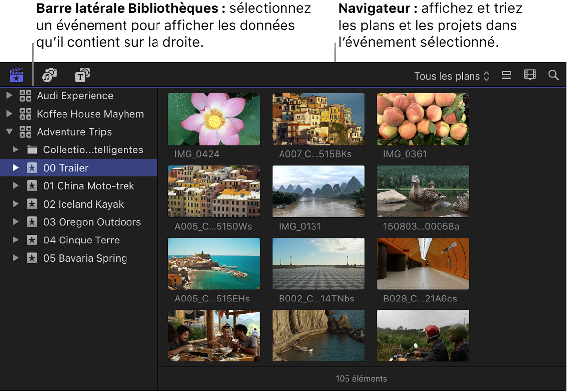 Événement sélectionné dans la barre latérale Bibliothèques à gauche, et navigateur affichant les plans de l’événement sélectionné à droite