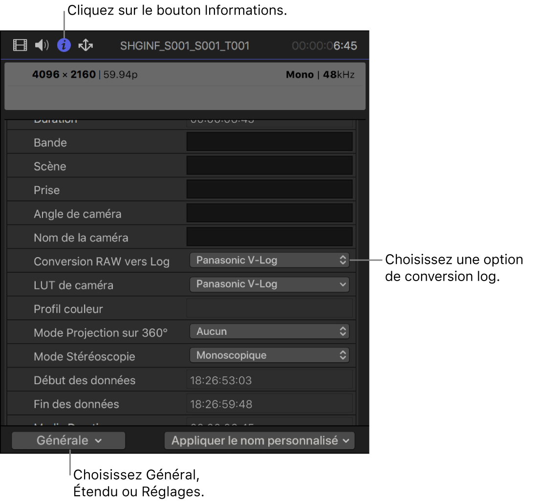 Inspecteur d’informations proposant le réglage Conversion RAW vers Log dans la présentation de métadonnées Générale