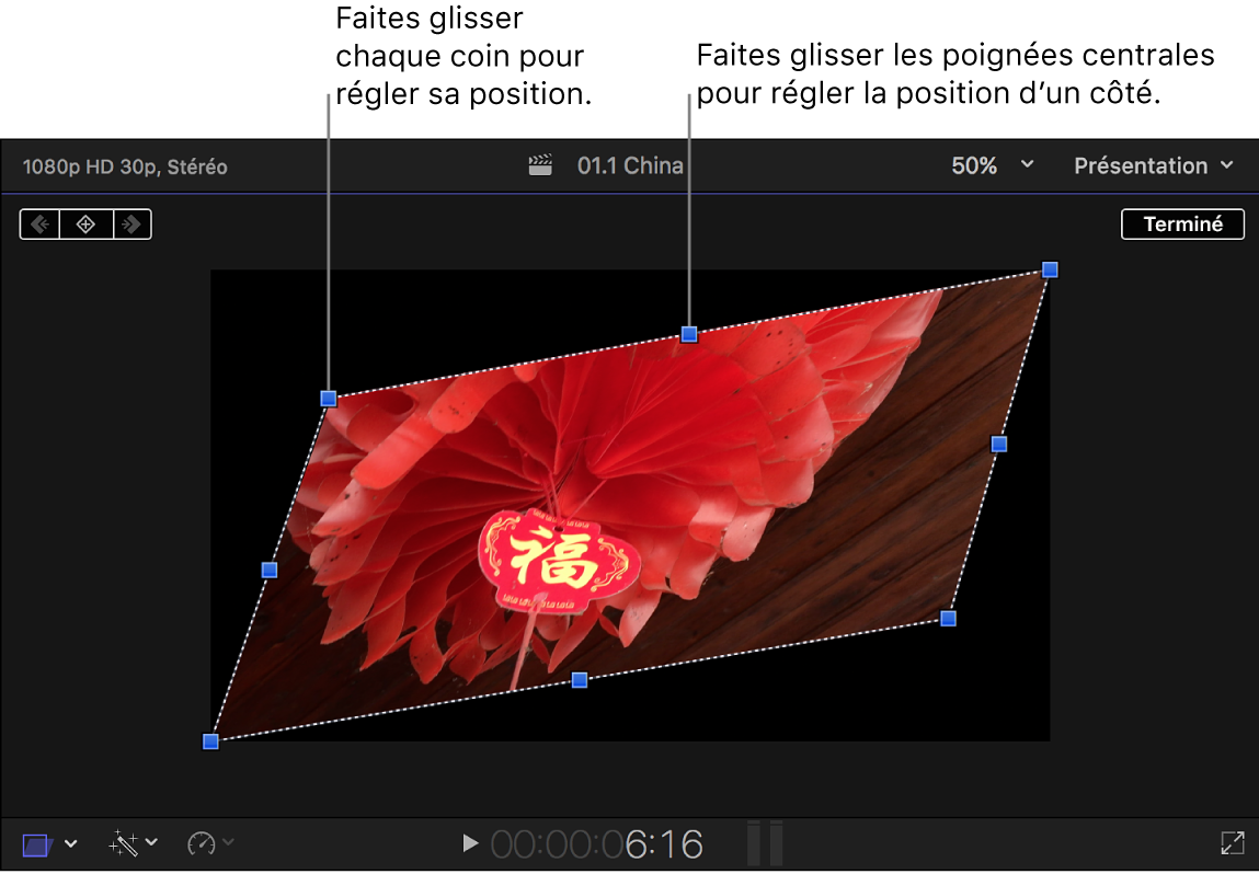 Visualiseur affichant les commandes à l’écran de l’effet Distorsion